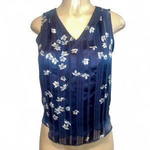 Banana Republic Navy Floral Satin V-Neck Sleeveless Top Petite XXS NWOT